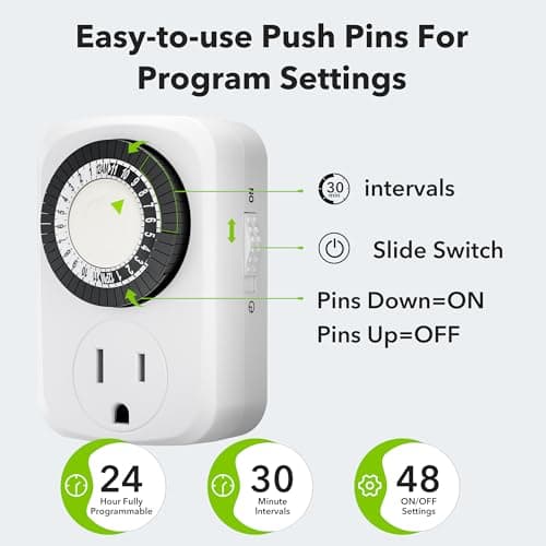 HBN Indoor Mini 24-Hour Mechanical Outlet Timer, for Electrical Outlets, 30 Minute Intervals, 3-Prong, 2-Pack, Light Timer for Indoor Lighting, ETL Listed 2