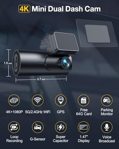 GKU Dash Cam Front and Rear Camera,4K+1080P, 5.8GHz WiFi & GPS Dash Camera for Cars,with 64G SDcard,1.47" Display Dashcam, 24HParking Mode,App Control,Super Night Vision,WDR,Support Max 256GB 2