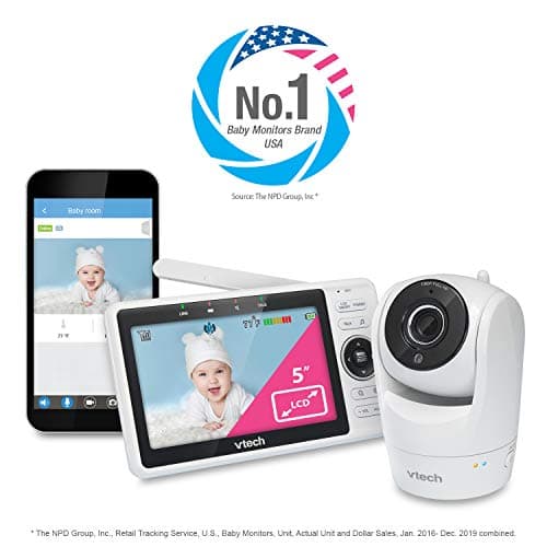 VTech Upgraded Smart WiFi Baby Monitor, 1080p FHD Camera and 5" HD IPS Display, Free App with Motion Video, Sound/Motion Detection and Notifications, Fully Remote Pan-Tilt-Zoom: VM901 5