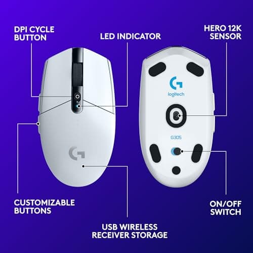 Logitech G305 LIGHTSPEED Wireless Gaming Mouse, Hero 12K Sensor, 12,000 DPI, Lightweight, 6 Programmable Buttons, 250h Battery Life, On-Board Memory, PC/Mac - White 3