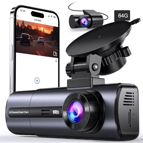 3 Channel 4K Dash Cam with 5GHz WiFi & APP Control, 4K/2.5K+1080P+1080P Front Inside and Rear, Triple Dash Camera with 64GB Card, G-Sensor, 24 Hours Parking Mode, Loop Recording, Night Vision