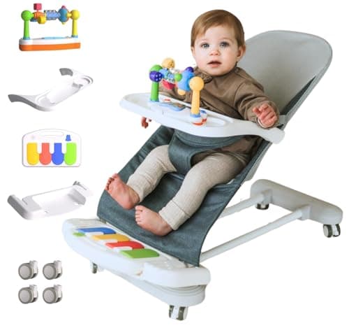 CuddoBaby Baby Bouncer 4-in-1 on Wheels |Detachable Pianos, Feeding Tray| 3-Level Recline Foldable Seat with Play Bar for Infant to Toddler 0-6, 0-12, 12-24 Months, Boy Gift Idea - Blue