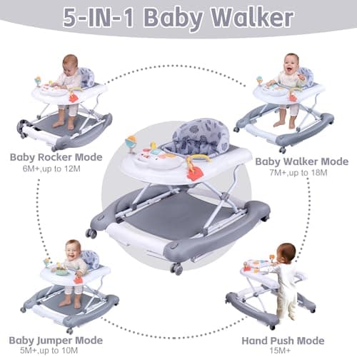 5 in 1 Foldable Baby Walker, Activity Baby Walker-Baby Bouncer, Rocker, Activity Center,Seat and Push Walker,Detachable Trampoline Mat, Adjustable Speed Rear Wheels and Height,Ages 6-18 Months(Grey) 3