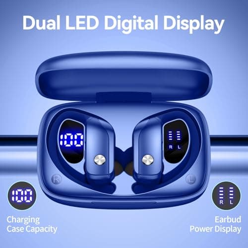 bmani Ear Buds Wireless Earbuds Bluetooth Headphones with 80H Playtime LED Display Case, Over-Ear Hook with Mic, Stereo Sound, Easy Button Controls, Sports Earphones for Running Workout Gym Blue 3