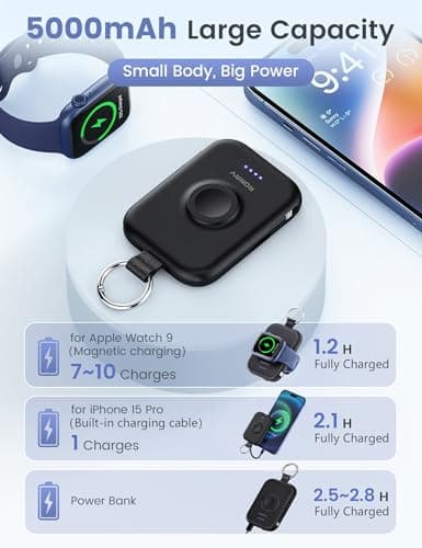 RORRY Portable Charger, 5000mAh Portable Charger Power Bank with Built-in Cables, Travel Keychain Battery Pack for Apple Watch Ultra/11/10/9/8/7/6/SE, iPhone Air/17/16/15/14/13/12, Black 3