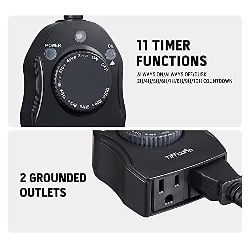 TiFFCOFiO Outdoor Timer Outlet, Dusk to Dawn Light Sensor Timer Weatherproof, 2 Grounded Outlets for Halloween and Christmas Lights, 15A 1/2HP, ETL Listed 2