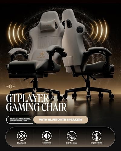 GTPLAYER Gaming Chair with Speakers, Video Game Chairs with Footrest, PC Gamer Chairs for Adults - Padded High Back Ergonomic Reclining Silla Gamer, Linkage Armrest, Ace Pro, Ivory 4