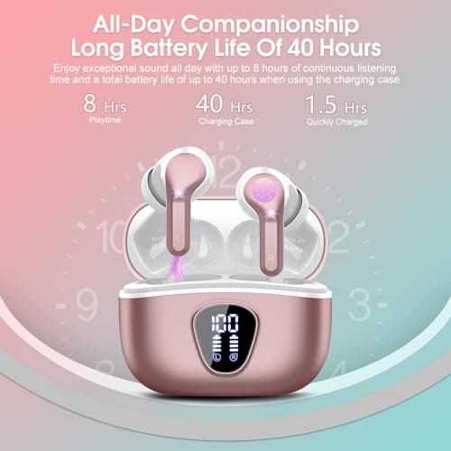 Wireless Earbuds, Bluetooth 5.4 Headphones HiFi Stereo, Bluetooth Earbuds with ENC Noise Cancelling Mic, IP7 Waterproof in Ear Earphones, 48H, LED Display Ear buds for Pad Phones Workout, Rose Gold 5