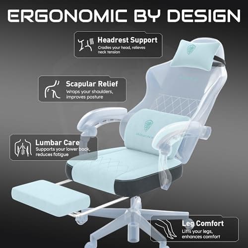 Dowinx Gaming Chair, Fabric Gaming Chairs for Adults with Pocket Spring Cushions and Lumbar Support, Ergonomic Massage Computer Chair with Footrest for Big and Tall, Aqua 5