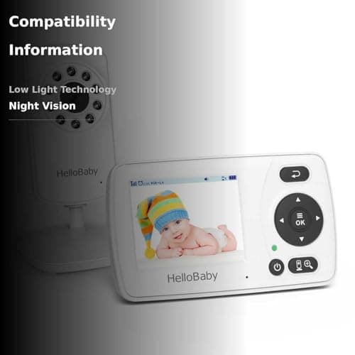 Hellobaby HB30 Video Baby Monitor with Digital Camera and Audio, No WiFi No App Safety Baby Monitor, 8 Languages, Auto Night Vision, 1000ft Transmission Range, 2.4 inch Portable Screen, White 3