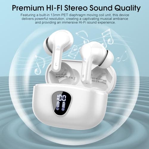 Wireless Earbuds, Bluetooth 5.4 Headphones HiFi Stereo, Bluetooth Earbuds with ENC Noise Cancelling Mic, IP7 Waterproof in Ear Earphones, 48H, LED Display Ear buds for Pad Phones Workout Sports, White 3