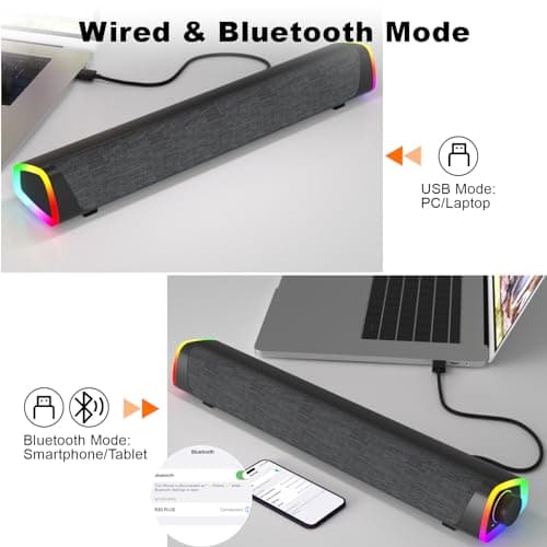 SOULION R30 Plus Bluetooth Computer Speakers for PC Desktop, All-in-one Control Button with 6 Modes LED Lights, Wired USB Powered Sound Bar, Surround Sound Portable SoundBar for Monitor Laptop Phone 4