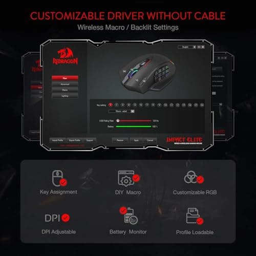 Redragon M913 Impact Elite Wireless Gaming Mouse, 16000 DPI Wired/Wireless RGB Mouse with 16 Programmable Buttons, 45 Hr Battery and Pro Optical Sensor, 12 Side Buttons MMO Mouse 5