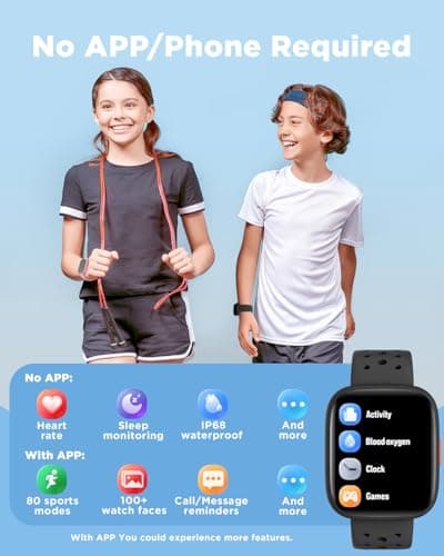 BIGGERFIVE Smart Watch for Kids, 1.8" Fitness Tracker Watch Pedometer, Heart Rate, Sleep Monitor, IP68 Waterproof, Calorie Step Counter, Puzzle Games with/Without APP for Girls Boys Teens 5-16, Black 2