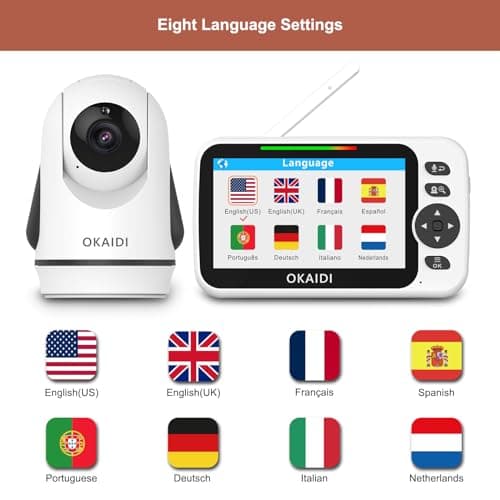 OKAIDI Video Baby Monitor with Camera and Audio, 5" Display Baby Monitor No WiFi, 30H Battery and 1000ft Range, Remote Pan-Tilt-Zoom Baby Camera, Night Vision, 2-Way Talk, ECO, Temperature, Lullaby 4