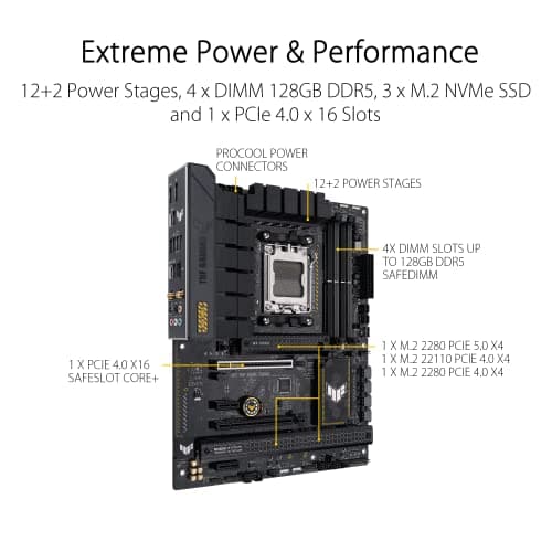 ASUS TUF GAMING B650-PLUS WIFI AMD B650 AM5 Ryzen™ Desktop 9000 8000 and 7000 ATX motherboard, 14 power stages, PCIe® 5.0 M.2 , DDR5 memory, WiFi 6 and 2.5 Gb Ethernet, USB4® support Aura Sync 2