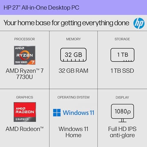 HP 27 inch All-in-One Desktop PC, FHD Display, AMD Ryzen 7 7730U, 32 GB RAM, 1 TB SSD, AMD Radeon Graphics, Windows 11 Home, 27-cr0012 (2024) 2