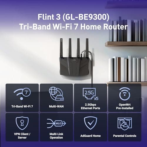 GL.iNet GL-BE9300 (Flint 3) Tri-Band WiFi 7 Router, High-Speed 6GHz Gaming WiFi Router for Wireless Internet, Long Range, 5 x 2.5G VPN Routers for Fiber Optic Modem, Computer Routers, Home & Business 2