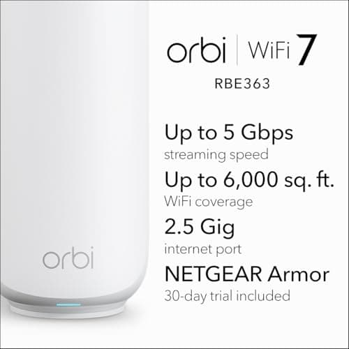 NETGEAR Orbi 360 Series Dual-Band WiFi 7 Mesh Network System for Home (RBE363) – Wireless Router + 2 Extenders, Security Features, 5 Gbps, Covers 6,000 sq.ft., 70 Devices, 2.5GB Internet Port, BE5000 2