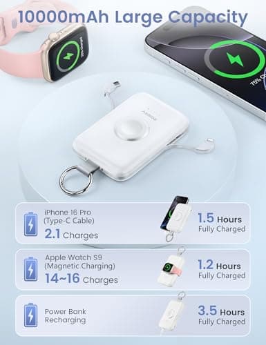 RORRY Portable Charger, 10000mAh PD 20W Fast Charging Portable Charger Power Bank with Built in Cables, Travel Battery Pack for iPhone 17/16/15/14/13/12 and Apple Watch Ultra/11/10/9/8/7/6/5, White 5