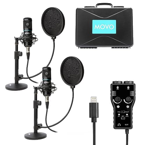 Movo iPhone Podcast Equipment Bundle - 2 Pack Condenser Microphones, 2 Desktop Mic Stands, 2 Pop Filters, 2-Channel XLR Interface with Lightning Output - Compatible with iPhone, iPad, iOS (Lightning)