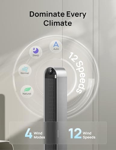 Dreo Tower Fan for Bedroom, 42 Inch 120° Oscillating Fan, 25dB Quiet DC Motor, 28ft/s Velocity Bladeless Standing Fan with 12 Speeds, 4 Modes, 12H Timer Cooling Fans for Home, Living Room, Pilot Max S 4