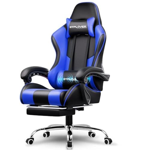 GTPLAYER Gaming Chair, Computer Chair with Footrest and Lumbar Support, Height Adjustable Game Chair with 360°-Swivel Seat and Headrest and for Office or Gaming (Faux Leather, Blue)