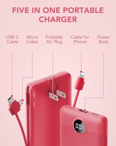Portable Charger Built-in Cables and AC Wall Plug, VRURC USB C Power Bank 10000mAh, Travel Battery Portable Phone Charger Compact Lightweight External Battery Pack for SmartPhones,Tablets-Viva Magenta 3