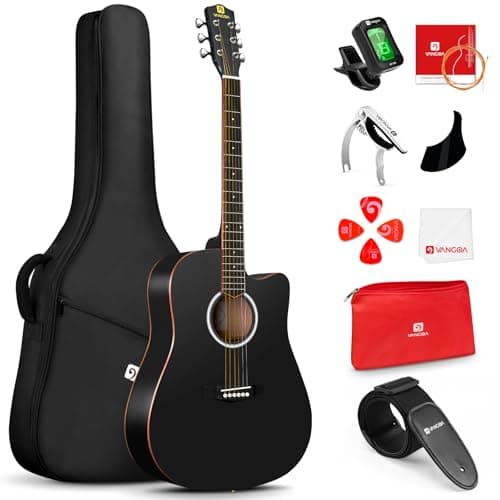 Vangoa 41" Acoustic Guitar Bundle for Adults Beginners Teens Dreadnought Full Size Cutaway Guitarra Acústica Kit with Wooden Bindings, Gig Bag, Tuner, Steel Strings, Capo, Strap, Black