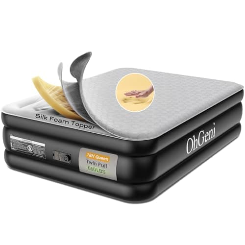 OhGeni 18" Luxury Air Mattress Queen with Built-in Pump, Silk Foam Topper Inflatable Bed for Superior Comfort, Premium Blow-Up Mattress for Home & Guest, Easy Setup, Extra Support, Black