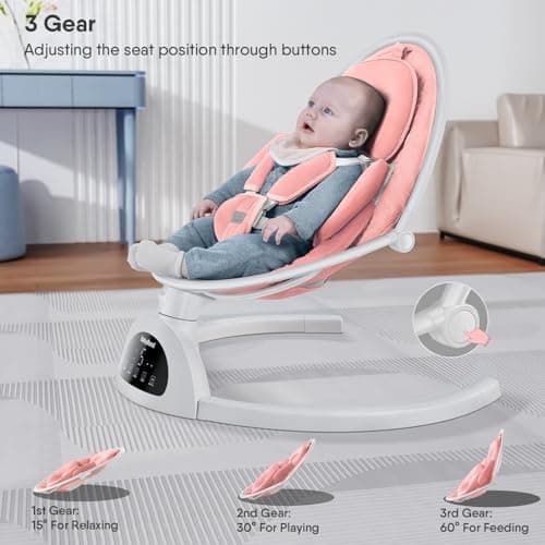 BabyBond Baby Swings for Infants, Bluetooth Infant Swing with Music Speaker, 3 Seat Positions, 5 Point Harness Belt, 5 Speeds and Remote Control - Portable Baby Swing for Indoor and Outdoor (Pink) 4