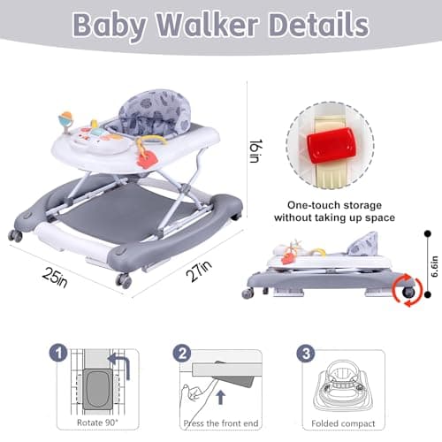 5 in 1 Foldable Baby Walker, Activity Baby Walker-Baby Bouncer, Rocker, Activity Center,Seat and Push Walker,Detachable Trampoline Mat, Adjustable Speed Rear Wheels and Height,Ages 6-18 Months(Grey) 2