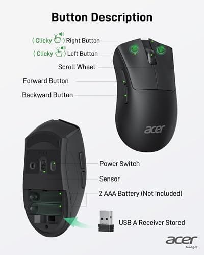 acer Wireless Mouse, 1200 DPI Computer Mouse for Laptop with 2.4GHz USB A Receiver, 5 Buttons Compatible for Windows, macOS, Android (Black) 3