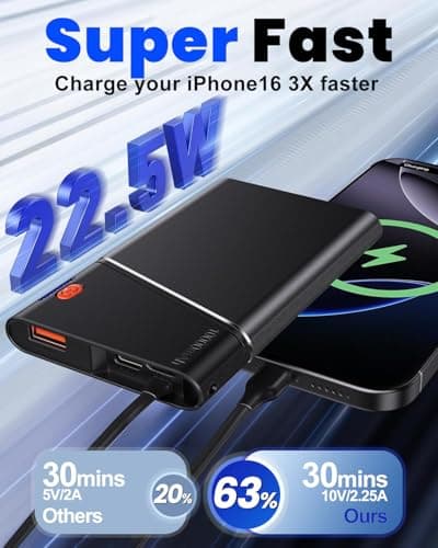 Aaoyun Portable Charger Power Bank, 10000mAh 22.5W PD Super Fast Charging Powerbank with Built-in USB C in&Out Cable, Slim External Phone Battery Pack for iPhone 17/16/15 iPad Samsung S24 Android etc 2