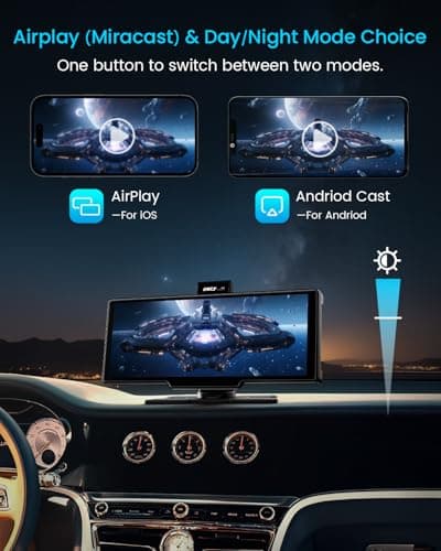 Portable Apple Carplay Screen, 10’’ Car Stereo Wireless Car Play & Android Auto Touch Screen, 4K Dash Cam, 1080P Backup Camera, Mirror Link/Voice Control/Music Play/GPS Navigation 5