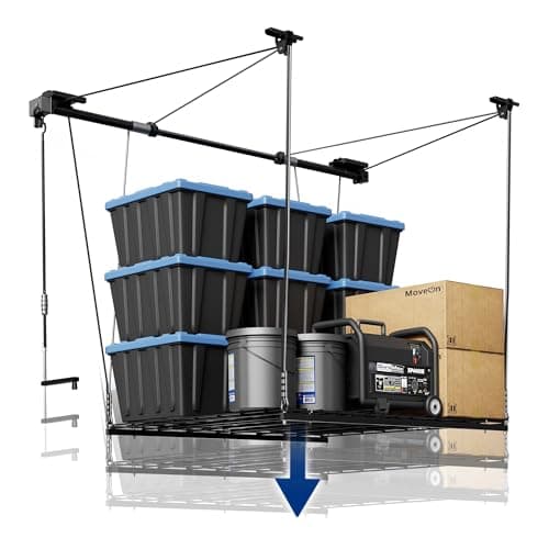 FLEXIMOUNTS GL1 Overhead Garage Lifting Storage Rack, 4x4 Ft Heavy-Duty Metal Garage Ceiling Rack, Adjustable Organization System With 71''L Axle, 300lbs Weight, Black