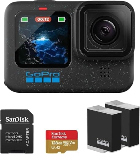 GoPro HERO12 Black 4K Camera with Hypersmooth Stabilization, Waterproof Ultra-Rugged Design w/Extra Enduro Rechargeable Li-Ion Battery & SanDisk 128GB Extreme Memory Card w/Adapter Bundle Set