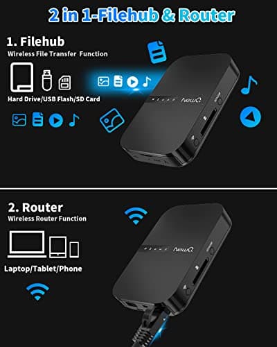 NewQ Filehub AC750 Travel Router: Portable Hard Drive SD Card Reader & Mini WiFi Range Extender for Travel | Wireless Access External Harddrive & USB Storage Device to Backup Photo & Files from iPhone 2