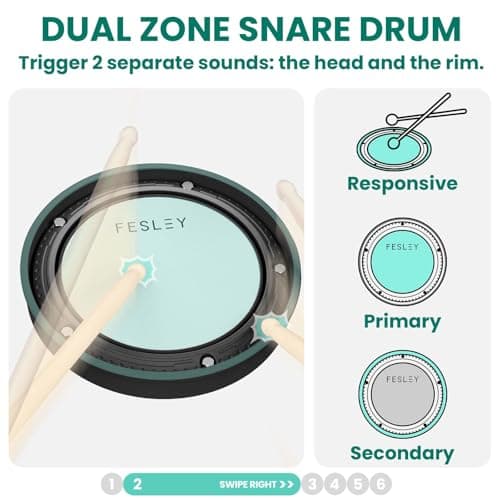 Fesley FED150W Electric Drum Set: Dual Zone Snare Drum,2 Cymbals w/Choke, 200 Sounds, 4 Quiet Mesh Drum Pads, Portable Electronic Drum Kit for Beginner, Bluetooth, MIDI, Throne, Headphone, Sticks 3