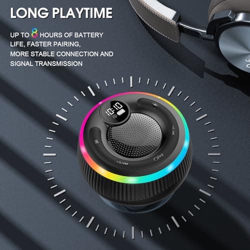 Bluetooth Speaker, Shower Speaker Stereo Sound, IPX7 Waterproof Speakers, Digital Display Portable Speaker with Suction Cup, LED Light, Small Wireless Speakers for Outdoor Party Beach Bathroom, Black 5