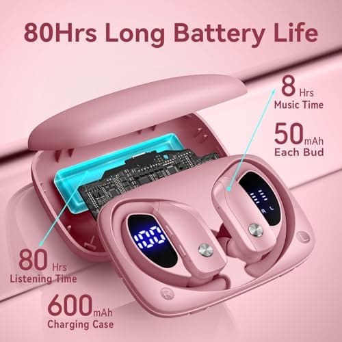 bmani Ear Buds Wireless Earbuds Bluetooth Headphones with 80H Playtime LED Display Case, Over-Ear Hook with Mic, Stereo Sound, Easy Button Controls, Sports Earphones for Running Workout Gym Pink 2