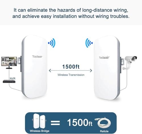 Todaair Secure 1640ft 2.4GHz Wireless Bridge, 1-Tap Pairing, CCTV Bullet Camera Support, POE Powered, 2-Pack 2
