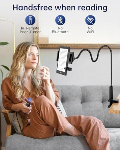 Bongogoo Kindle Holder with Remote Page Turner | Hands-Free Stand for Reading in Bed or Desk – Compatible with Kindle Paperwhite, Oasis, iPad, iPhone, and More | Fits Devices from 4.5” to 10” 2