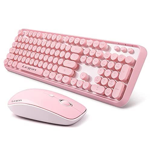 Pink Wireless Keyboard Mouse Combo,104 Round Keys Cute Colorful Keyboard Retro Typewriter Style,Letton Full Size Keyboard with Number Pad&Mouse with 3 DPI for PC Mac Laptop Computer Windows