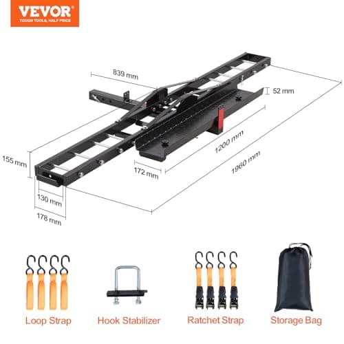 VEVOR Motorcycle Carrier, 600 LBS Steel Motorcycle Carrier Hitch Mount with 47" Longer Ramp, Scooter Dirt Bike Trailer Hauler with Ratchet Straps and Stabilizer, for Car, Truck with 2" Hitch Receiver 4