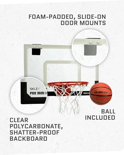 SKLZ Pro Mini Basketball Hoop - 18" x 12" Clear, Shatterproof Backboard, Breakaway Rim, Heavy Duty Net, & 5" Ball - Easy Mount Padded, Slide-On Over-Door Mounts - Suitable for Office, Dorm, Bedroom 5
