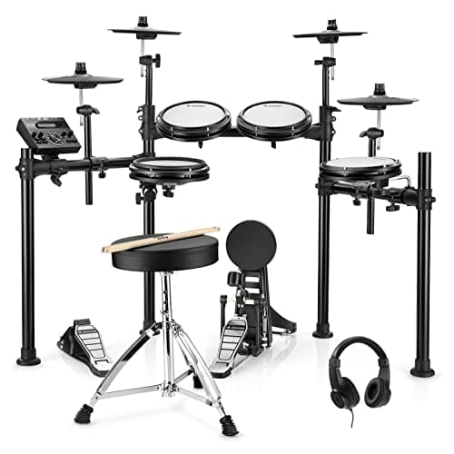 Donner DED-200X Electronic Drum Set, Electric Drum Kit with Quiet Mesh Drum Pads, 2 Cymbals w/Choke, 31 Kits and 450+ Sounds, Throne, Headphones, Sticks, USB MIDI, Melodics Lessons (5 Pads, 4 Cymbals)