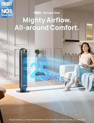 Dreo Tower Fan for Bedroom, 25ft/s Velocity Quiet Floor Fan, 90° Oscillating Fans for Indoors with 4 Speeds, 4 Modes, 8H Timer, Standing Fans, Bladeless Fan, Black, Nomad One (DR-HTF007) 3