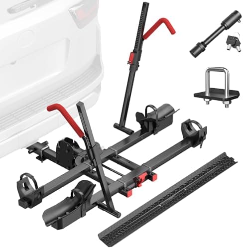 Hitch 2 EBike Rack with Ramp, 170lbs Capacity Foldable Electric Bike Carrier for 2 Heavy Ebike, Up to 5" Fat Tire Bicycle for 2" Receiver for Car, SUV, RV, Truck, Black