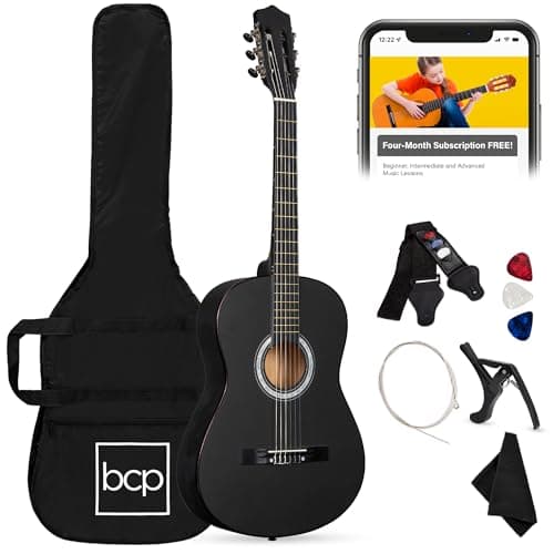 Best Choice Products 38in Beginner All Wood Acoustic Guitar Starter Kit w/Gig Bag, 6 Picks, Nylon Strings, Strap w/Pick Holder - Matte Black